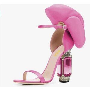 FSJ Women Open Toe Block Heels Sandals with Flower Bloom Back Ankle Strap Pink